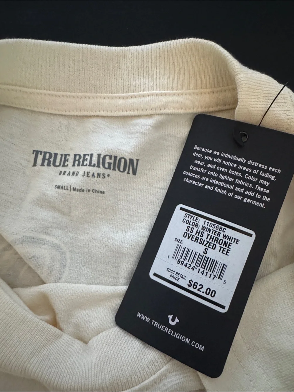 True Religion Cream Short Sleeve Tee with Crowned Dog Graphic and Brand Banner